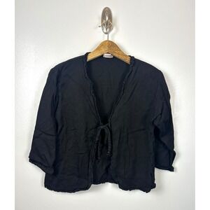 Prairie Natural Cotton Black Tie Front Ruffle Cardigan Sweater Medium Minimalist